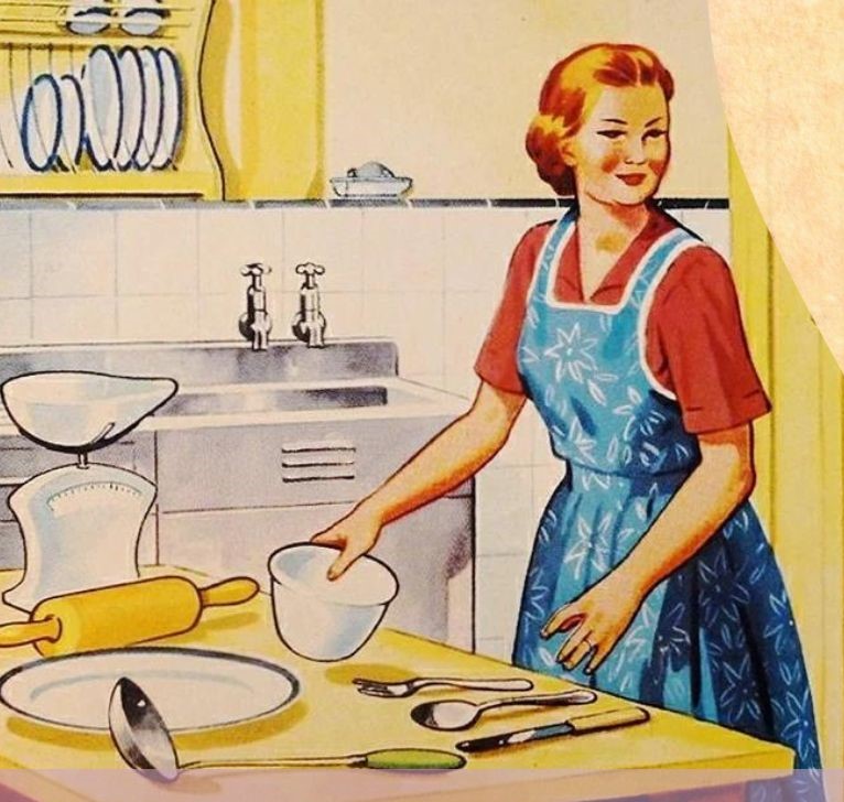 Zeichnung von traditioneller Hausfrau im 50er Jahre look