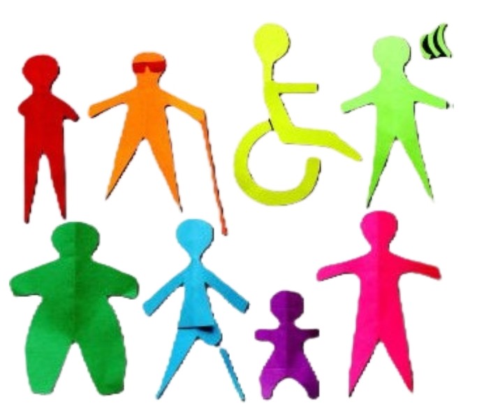 Bild mit aus Papiergeschnittenen Figuren die verschiedene Behinderungen darstellen. Zum Beispiel Rollstuhlfahrerin,Blind Person, Kleinwüchsige Person, schwerhörige Person